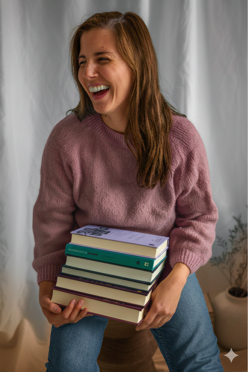 Ana Muiño riendo mientras sostiene una pila de libros